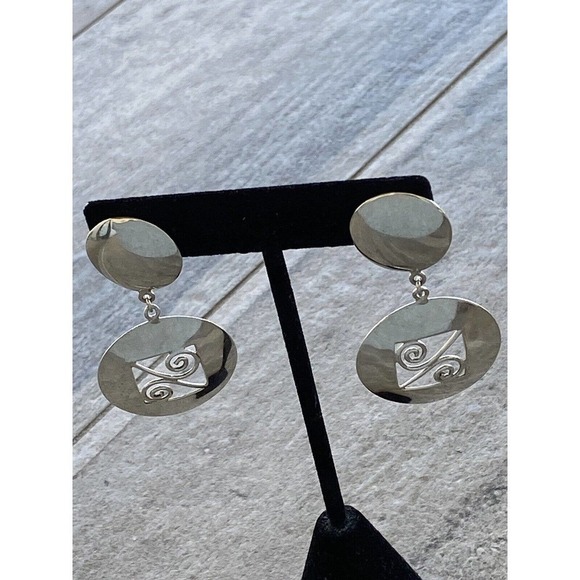 925 SU Sterling Silver Earrings Dangles Drops Vintage Circles Art Deco - Picture 8 of 10